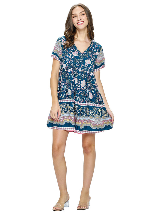 Teal Dress Floral Print Pattern With Pockets