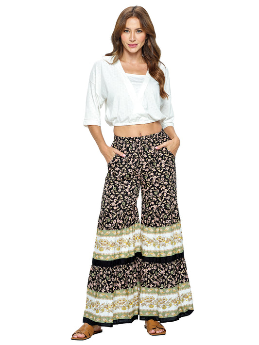 Loose Layered Floral Print Bellbottom Pant with Border