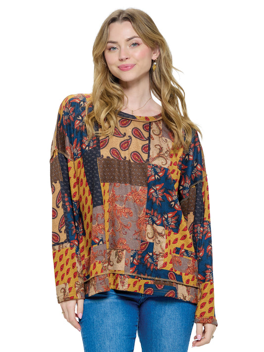 Pullover Top Patchwork Print Multicolor Paisley