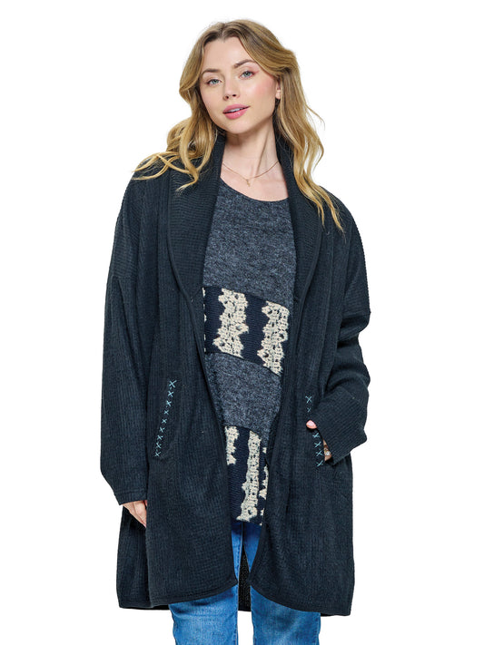 Cardigan Loose Fit Handstitched Accents Ribbed