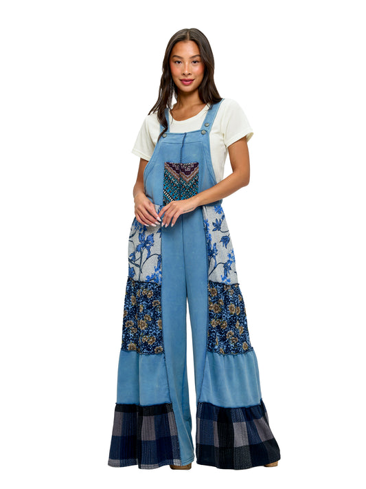Boho Wide Leg Faded Blue Overalls